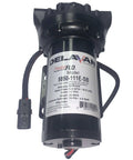 Front view of Delavan 5850-111E-SB Diaphragm Pump 12V, 60PSI, 5.0GPM, Bypass Pump showing label and design