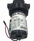 Delavan 5850-201E-SB Diaphragm Pump 12V, 60PSI, 5.0GPM, Demand Pump front view showing label and wiring connections