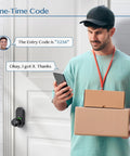 Man using smartphone to enter code on door with Keypad Smart Door Knob Lock With Backlit Keypad Keyless Entry For Front Door.