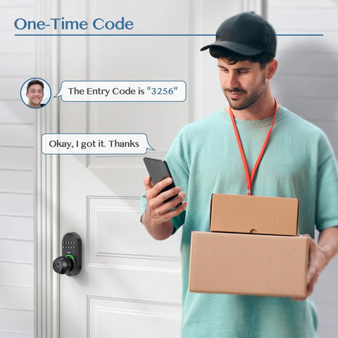 Man using smartphone to enter code on door with Keypad Smart Door Knob Lock With Backlit Keypad Keyless Entry For Front Door.