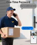 Delivery person using phone app outside home equipped with Keyless Sliding Door Lock With Handle For Patio And Glass Doors Featuring Fingerprint Code RFID Card Keypad App Remote Control Slim Frame Fits Door Thickness From One Inch To Four And Three Quarters Inches And Requires Frame Width One Point Eight Inches.