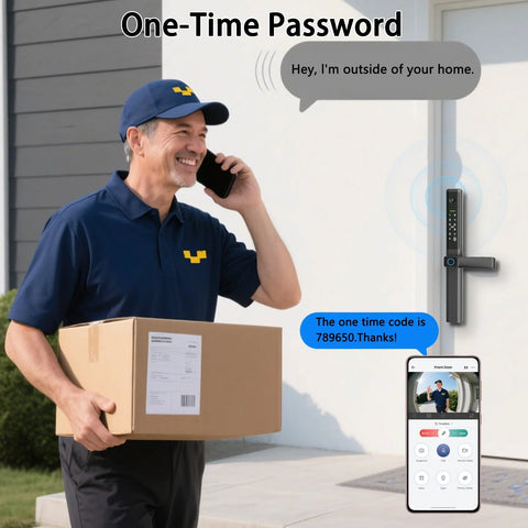 Delivery person using phone app outside home equipped with Keyless Sliding Door Lock With Handle For Patio And Glass Doors Featuring Fingerprint Code RFID Card Keypad App Remote Control Slim Frame Fits Door Thickness From One Inch To Four And Three Quarters Inches And Requires Frame Width One Point Eight Inches.