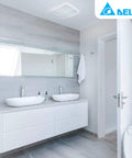 Radiance 80 CFM Exhaust Bathroom Fan With Quiet Operation And Built In Thermostat Heater installed on ceiling in modern bathroom.