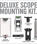 precision rifle scope mounting kit components including leveling grid, rail mount, and tripod for precise alignment and squaring.