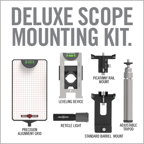 precision rifle scope mounting kit components including leveling grid, rail mount, and tripod for precise alignment and squaring.