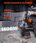Demolition Hammer 1400W Electric Jack Hammer Heavy Duty Concrete Breaker shown breaking stone, 2900 BPM, includes gloves