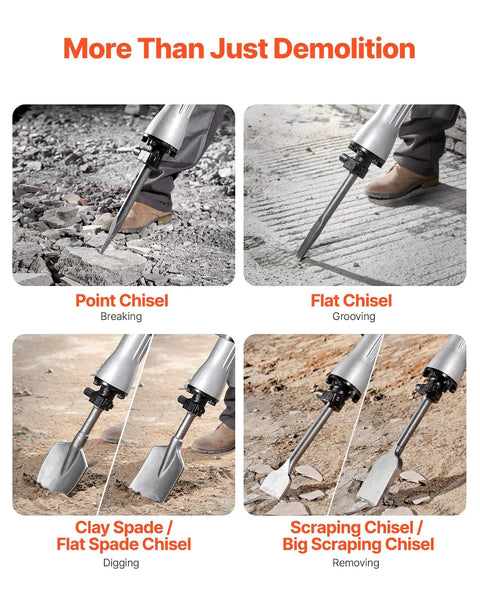 Heavy duty 2200W demolition jack hammer delivers powerful 66J impact energy and 1350 BPM for fast concrete breaking with 6 chisels