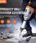 Powerful 3500W demolition jack hammer delivers fast concrete breaking for professional demolition, trenching, and hole making; includes two chisels, gloves, and a 360-degree swiveling front handle for steady, comfortable operation.