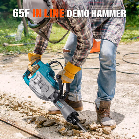Powerful 1700W Corded Demolition Jack Hammer With 31 Pound Weight Delivers 1900 BPM And 55 Joules For Aggressive Concrete Pavement Brick And Tile Breaking Includes Carrying Case Flat Chisel And Bull Point Chisels For Construction And Renovation Projects in use breaking concrete
