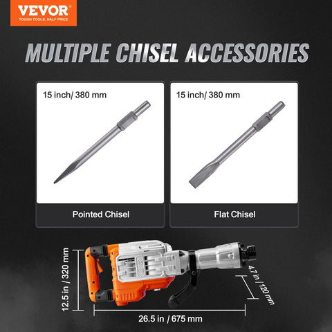 Powerful 3500W demolition jack hammer delivers fast concrete breaking for professional use with chisel accessories shown