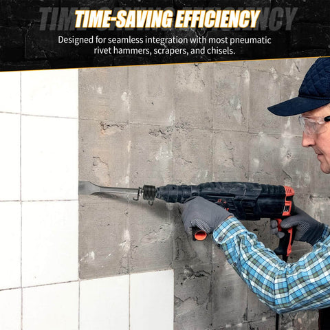 Person using 10 Piece Pneumatic Air Hammer Chisel Set For Demolition And Metal Shaping, Heavy Duty High Carbon Steel
