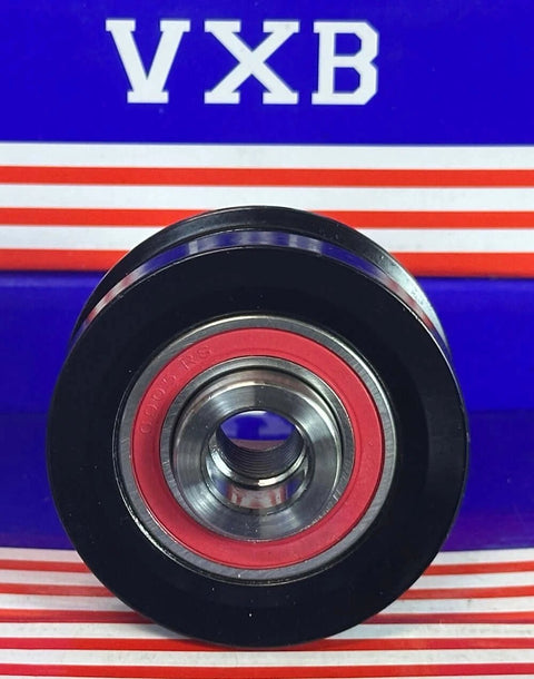 Front view of 104210-6080 Denso Alternator Pulley Bearing with a red and black design on a striped background.