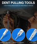 Nine Way Slide Hammer Puller Set For Front And Rear Axles Wheel Bearings Hubs And Gears Includes Internal And External Jaws Two And Three Way Cross Blocks Cone Grip Wrench Adapter And Dent Remover Tool being used to remove a dent from a vehicle.