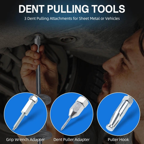 Nine Way Slide Hammer Puller Set For Front And Rear Axles Wheel Bearings Hubs And Gears Includes Internal And External Jaws Two And Three Way Cross Blocks Cone Grip Wrench Adapter And Dent Remover Tool being used to remove a dent from a vehicle.