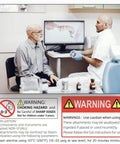 Dentist showing mini dental implant guide to patient, warning labels below