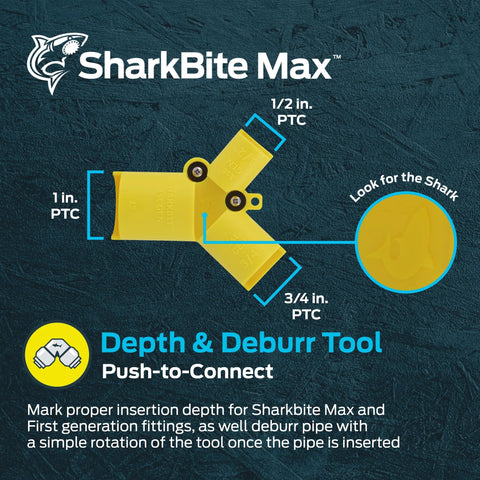 SharkBite Max Brass Push Depth Gauge And Deburring Tool For Copper And Plastic Pipe, 1/2 to 1 Inch Insertion Depth, Pipe Sizes Labelled