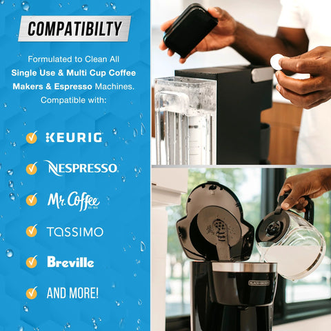 High-performance descaler tablets being used in Nespresso and Keurig coffee machines for limescale removal.