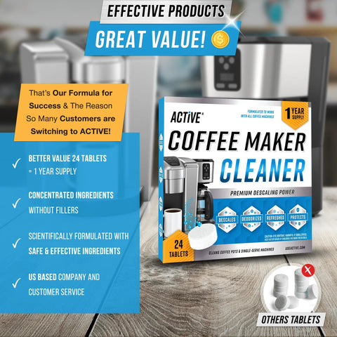 Box of high-performance descaler tablets for coffee machines, compatible with Nespresso, Keurig, includes 24 tablets for limescale removal.