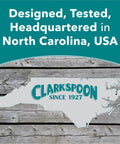 Map of North Carolina with ClarksPoon logo, "Designed, Tested, Headquartered in North Carolina, USA" text above.