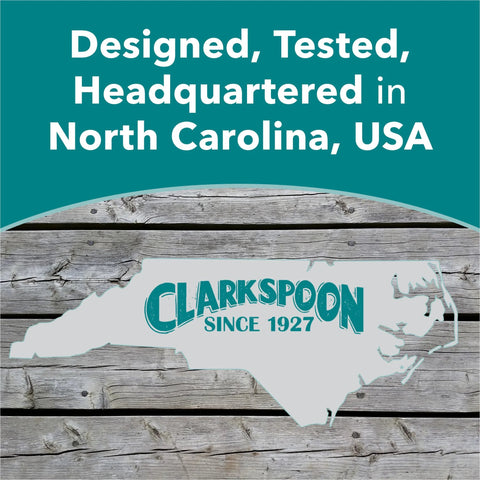 Map of North Carolina with ClarksPoon logo, "Designed, Tested, Headquartered in North Carolina, USA" text above.