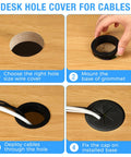 Step-by-step installation of 2-pack 80 mm white ABS desk grommet with cable opening on wood surface for organized workspace.