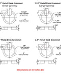Diagram showing dimensions for 1.57-inch metal desk grommets with varying openings and sizes in inches.
