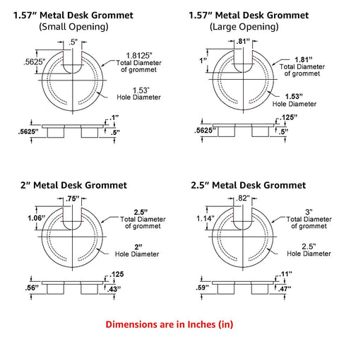 Diagram showing dimensions for 1.57-inch metal desk grommets with varying openings and sizes in inches.