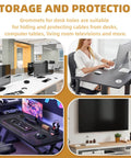Four images displaying Desk Grommet 2 Inch (50 mm) 8 Pieces, Desk Hole Cover for Cables Black, installed in various desk setups