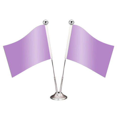 Two small purple flags on a silver base with flagpoles topped by silver balls, isolated on white background.
