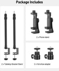 Package includes 2 tabletop bracket stands, 2 phone stands, 2 hot shoe adapters for Two Pack Desk Mount With 1/4 And 3/8 Inch Screws And Ball Head