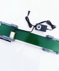 Top view of a Desktop Belt Conveyor with Stepless Speed Control for Packaging Factories and Assembly Lines, featuring green belt and control knob.