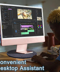 Child editing video on desktop using 2 Pack 12 Inch Lazy Susan Turntable Organizer with heavy duty swivel stand and bearings.