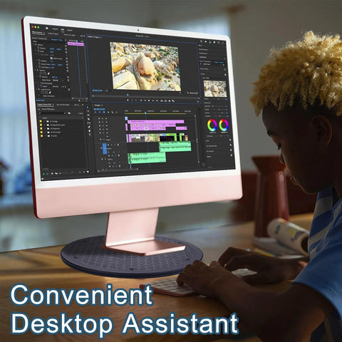 Child editing video on desktop using 2 Pack 12 Inch Lazy Susan Turntable Organizer with heavy duty swivel stand and bearings.