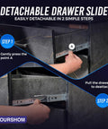 Step-by-step guide to detaching 12 Inch Full Extension Drawer Slides With Ball Bearing For Heavy Duty Side Mount Rails 100 Lb Capacity.