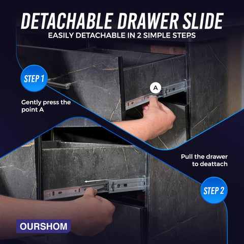 Step-by-step guide to detaching 12 Inch Full Extension Drawer Slides With Ball Bearing For Heavy Duty Side Mount Rails 100 Lb Capacity.