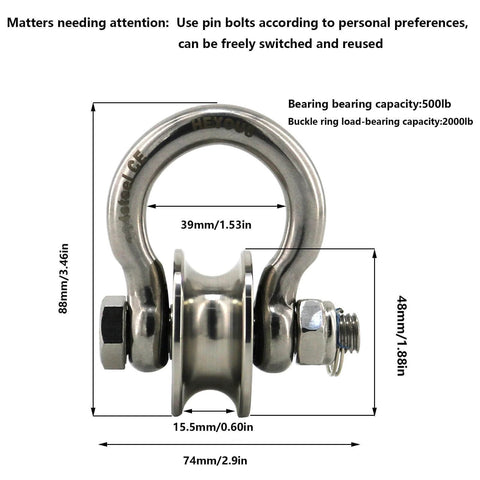 Detachable U Shaped Pulley with Large Size Long Screw Groove Pulley Wheel Track Fixed Pulley Suitable for Wire Rope Traction Small Crane Salvage System Pulley Model Silver, stainless steel, front view with dimensions.
