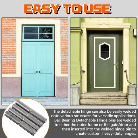 Image showing 30 Pack Weld On Bullet Hinges 2-1/2 X 3/8 Inch used on various doors; includes close-up of carbon steel hinges.