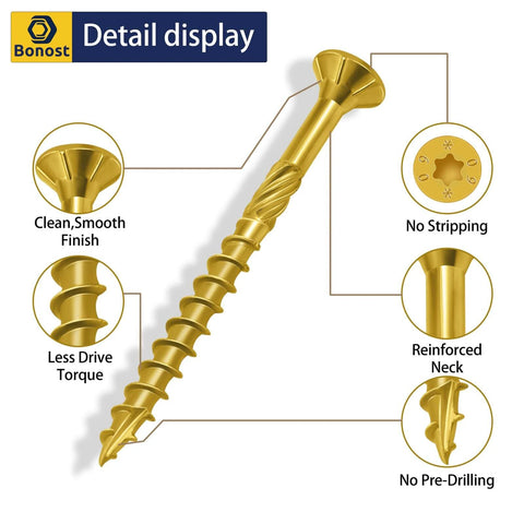 Close-up of a gold Torx wood screw from the 2300 Piece Hardware Assortment Kit with Metric and SAE Machine Screws Nuts Bolts and Washers.