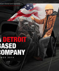 Worker in hard hat with American flag background and truck; text reads 'A Detroit Based Company Since 2014'