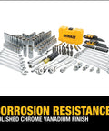 Pro Grade Mechanic Tool Set With Case By DeWalt, 168 Piece Socket Set with tools and yellow carrying case displayed