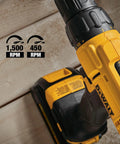 Close-up of DEWALT 20V Max Cordless Drill showing RPM settings on wooden surface