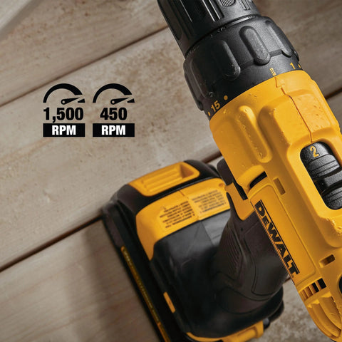 Close-up of DEWALT 20V Max Cordless Drill showing RPM settings on wooden surface