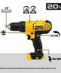20V Max Cordless Drill with LED light, dimensions, RPM, and weight details as part of the 20V Max Cordless Drill And Impact Driver Combo Kit.