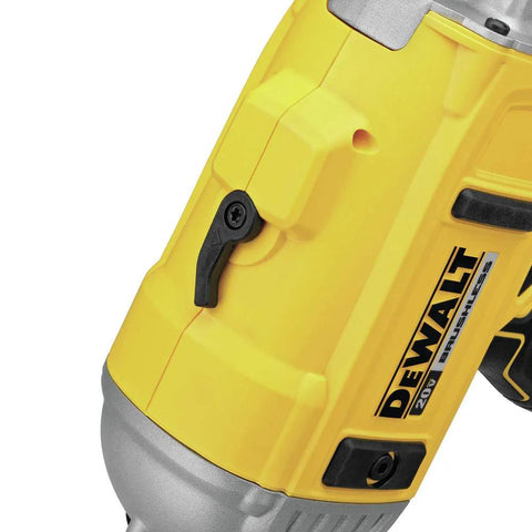 Close-up of DEWALT 20V MAX XR Framing Nailer delivers cordless, dual-speed power with adjustable depth, yellow casing.