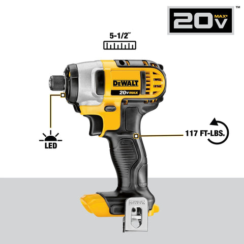 DEWALT 20V Max impact driver with LED light, 5-1/2 inch length, compact design ideal for 20V Max Cordless Drill And Impact Driver Combo Kit.