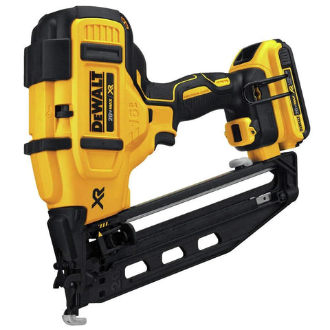 DEWALT 20V MAX XR Cordless Angled 16GA Finish Nailer featuring a brushless motor and angled magazine for trim work