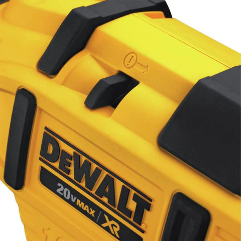 Close-up of DEWALT 20V MAX XR Cordless Angled 16GA Finish Nailer showing the brand logo and power switch