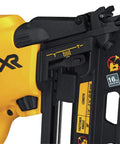 Close-up view of DEWALT 20V MAX XR Cordless Angled 16GA Finish Nailer showcasing the angled magazine compatible with 16GA nails.