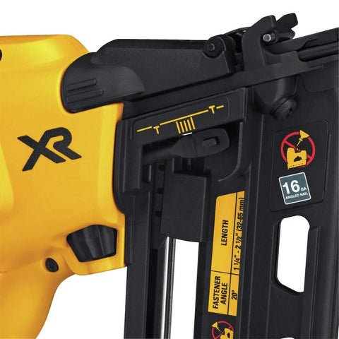 Close-up view of DEWALT 20V MAX XR Cordless Angled 16GA Finish Nailer showcasing the angled magazine compatible with 16GA nails.