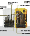 21-Piece Black Oxide Drill Bit Set With 135 Degree Split Point And 31 Degree Helix Model DWA1181 in open yellow case